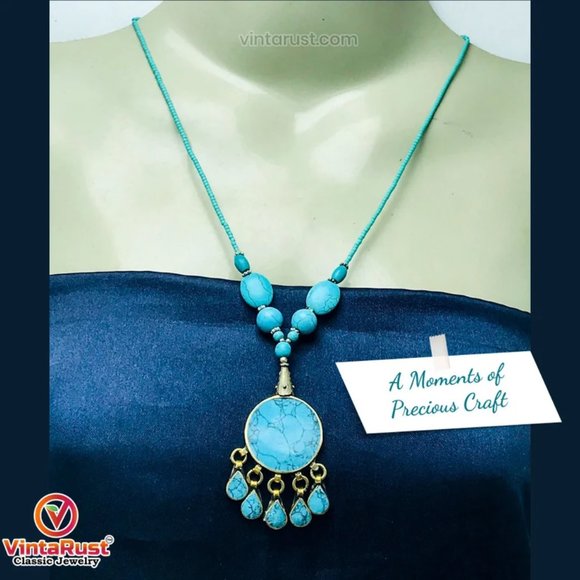 Turquoise Beaded Necklace, Boho Tribal Statement Necklaces, Necklace - Picture 1 of 12